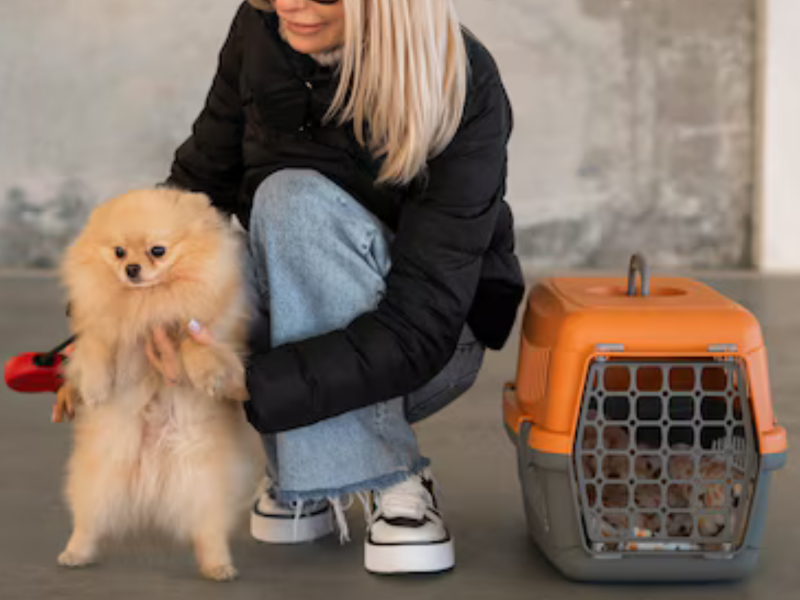 A imagem mostra um cachorro com sua tutora e uma caixa de transporte pet.