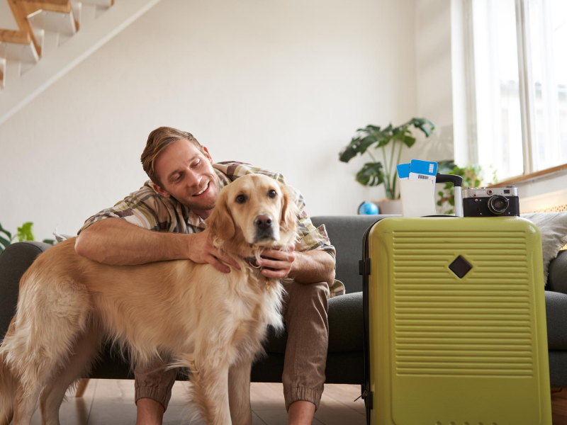 A imagem mostra o tutor e seu cachorro preparados para viajar.