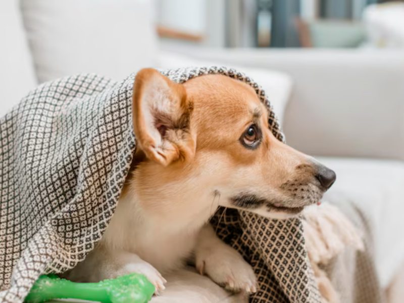 A imagem mostra um cão com medo.