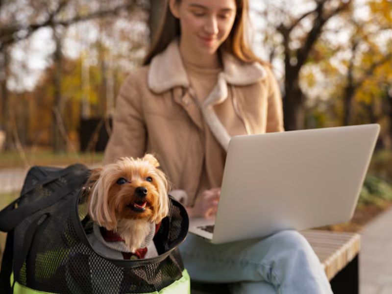 A imagem mostra um cachorro e sua tutora usando um computador.