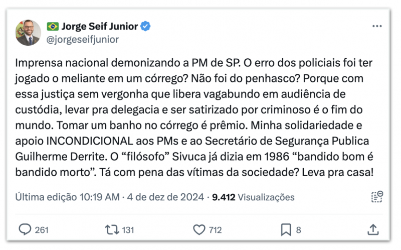 Publicação do senador Jorge Seif foi apagada do seu perfil - Foto: Reprodução/X (Ex-Twitter)/ND