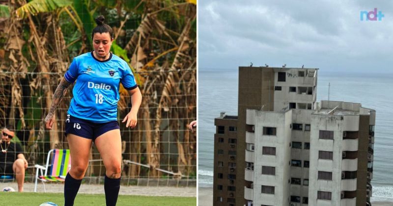 Foto da esquerda mostra jovem que caiu de prédio jogando futsal; foto da direita mostra prédio onde ocorreu a fatalidade