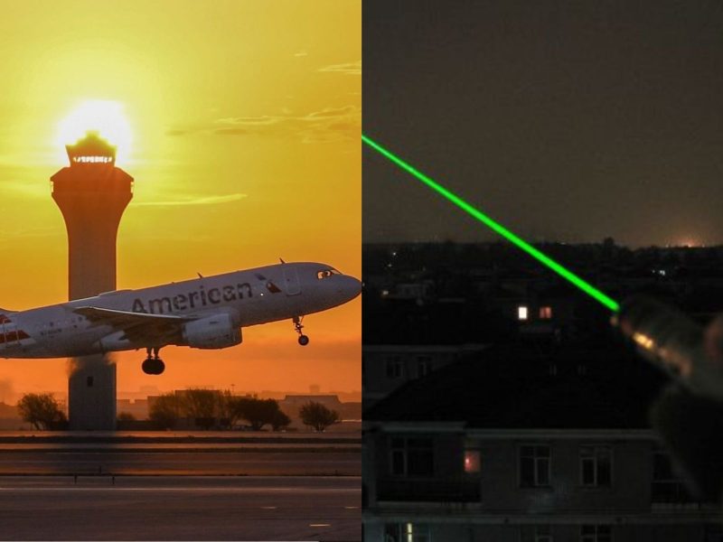 Montagem de fotos de laser apontado em aviões. Ao lado esquerdo um avião voando em um por do sol. No direito, um laser verde sendo apontado para o céu