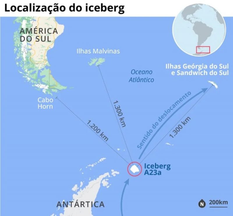 Infográfico da direção em que o maior iceberg do mundo está avançando