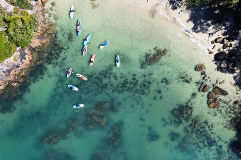 Foto aérea da Ilha do Francês, com águas azuis transparentes. No mar, há algumas pedras e vários caiaques com pessoas. No canto esquerdo, um morro com vegetação. No canto direito, aparece um pedação da areia branca, com uma área de sombra feita por uma árvore. 