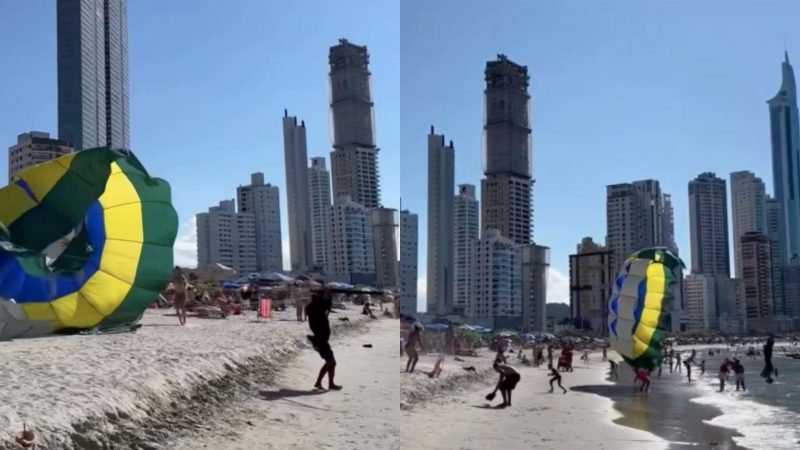 Imagens mostram frames do vídeo em que paraquedas desgovernado atinge banhistas 