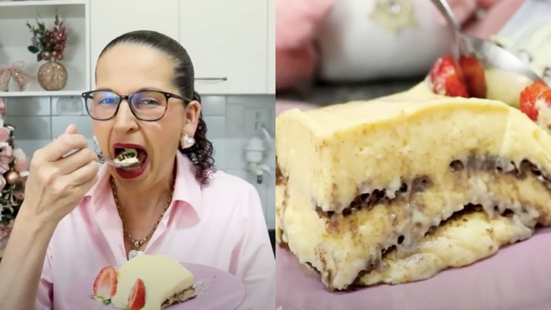 Imagem mostra mulher comendo o pavê de maracujá