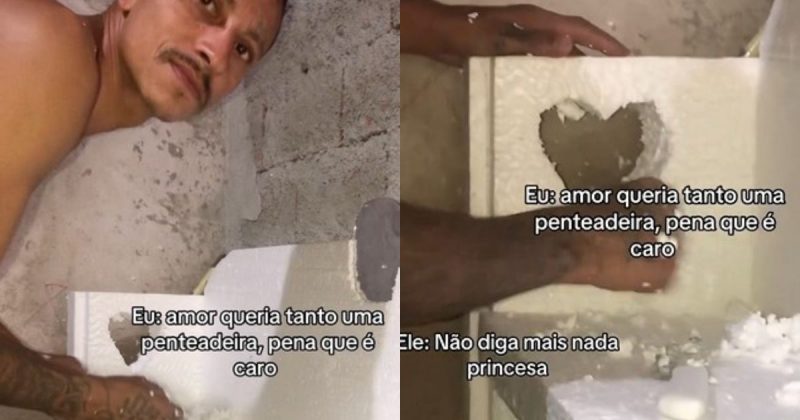 Duas imagens de homem que fez a penteadeira de isopor para a mulher