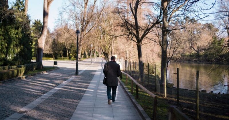 Pessoa andando em rua com arvores secas