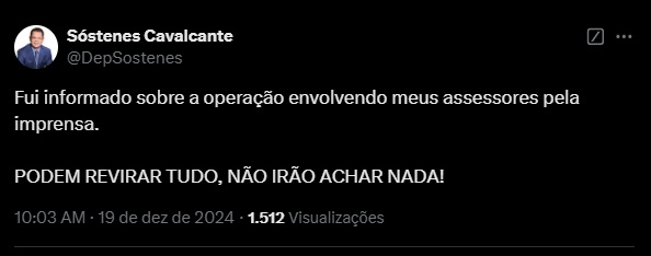 "Não irão achar nada", diz deputado Sóstenes Cavalcante, sobre operação da Polícia Federal 