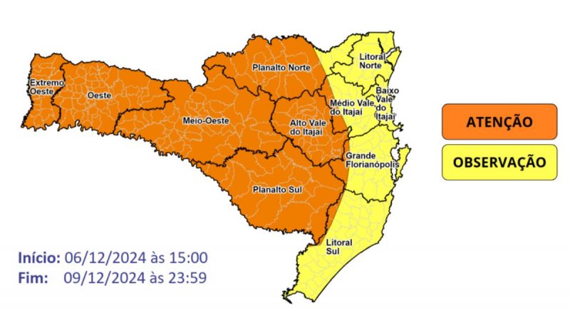 Diante da previsão de temporais, maior parte do estado está em alerta laranja, foto mostra mapa com cores laranja e amarela