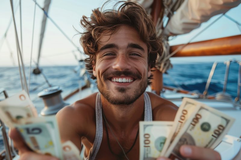 homem sorrindo com notas de dinheiro na mão em um barco representando signos que ganharão muito dinheiro em 2025