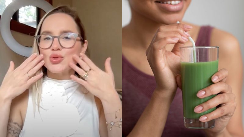 Imagem mostra, do lado esquerdo, dra Bruna falando sobre o suco detox para a pele; já do lado direito, imagem ilustrativa mostrando mulher com um suco verde na mão