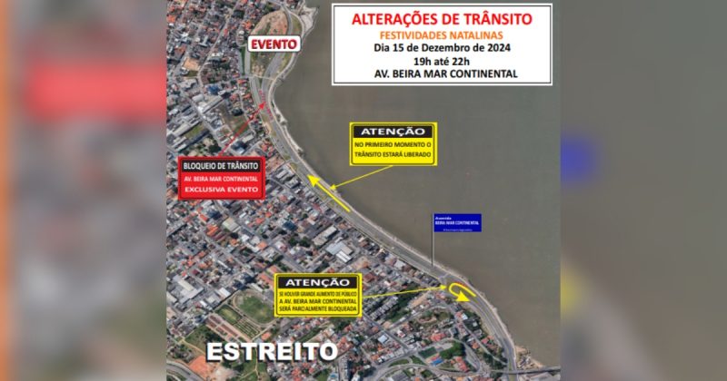 Imagem do mapa da cidade com alteração no trânsito da Beira-Mar Continental