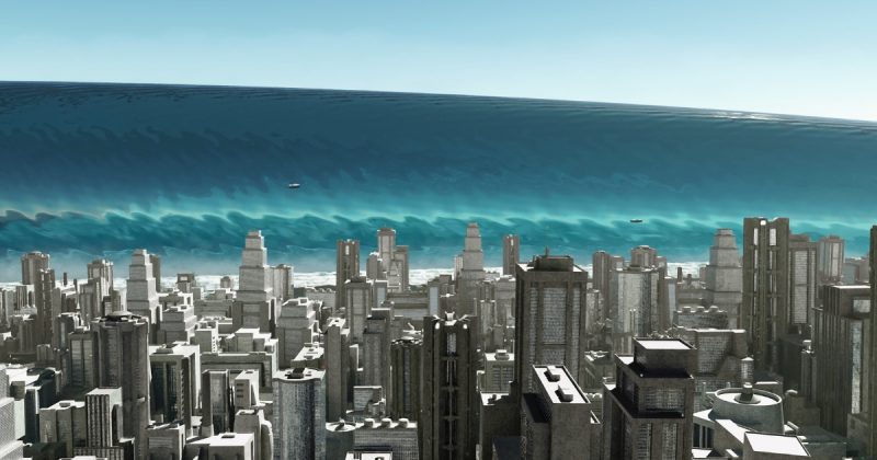 Imagem ilustrativa de tsunami atingindo cidade com prédios 