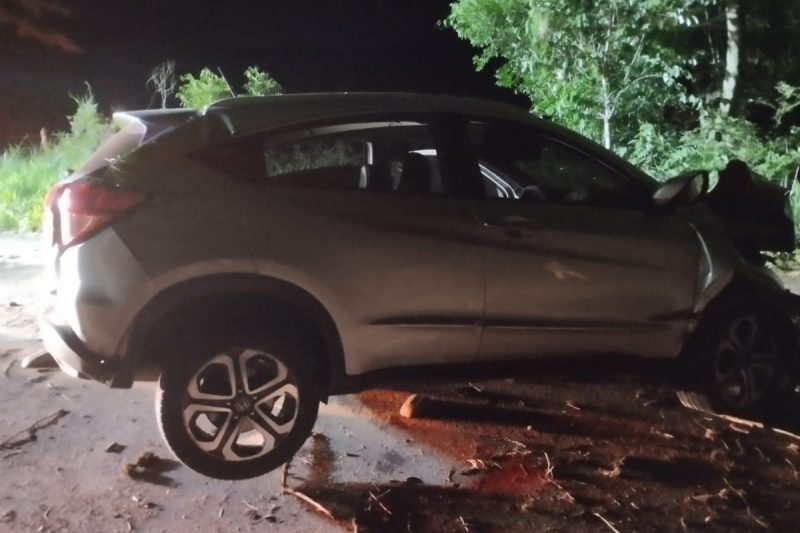 O acidente aconteceu na noite de sexta-feira (17). Carro saiu da pista e colidiu na árvore 