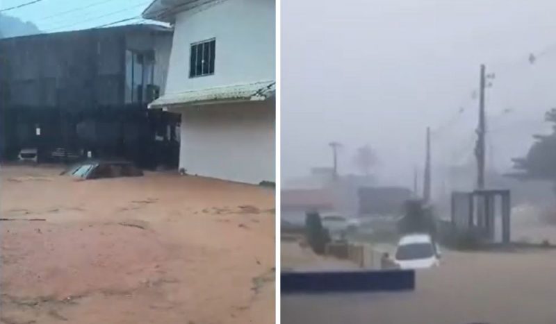 Fortes chuvas na Grande Florianópolis causam alagamentos e deslizamento de terra 