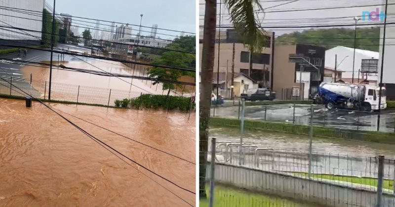 fotomontagem mostra antes e depois de Balneário Camboriú no estacionamento do shopping de Balneário Camboriú