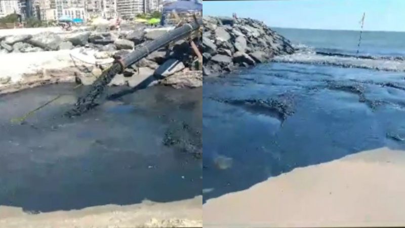 Frames do vídeo mostram material escuro saindo de cano na praia do Perequê