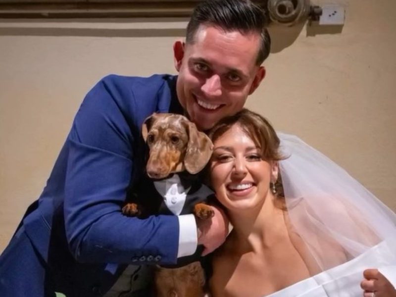 Cachorro salsicha junto com noivos em casamento