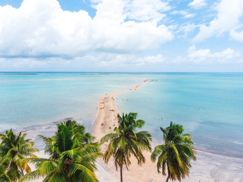 Imagem vista de cima de uma faixa de areai extensa entrando no mar, com coqueiros a beira da praia 