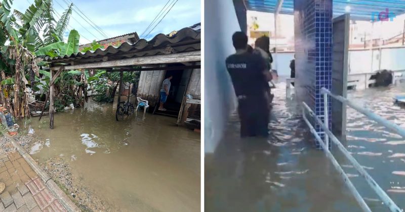 fotomontagem mostra casa alagada e crianças saindo de creche alagada pela chuva em Itapema