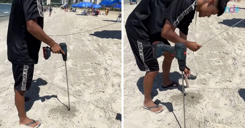 Fotomontagem mostra jovem fazendo furo com furadeira na areia da praia em Balneário Camboriú