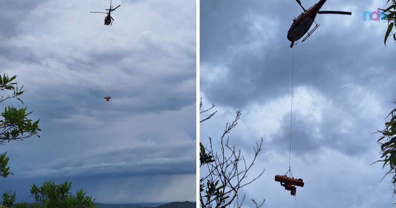 Fotomontagem mostra momento em que mulher é içada pelo helicóptero Arcanjo em Bombinhas