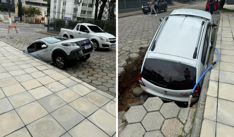 Rua cede e carro é 'engolido' por buraco na Carvoeira, em Florianópolis 