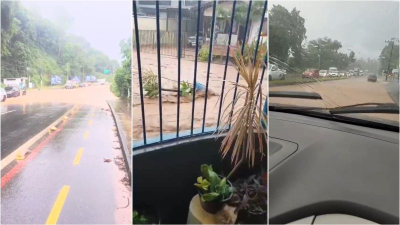 Montagem com imagens de alagamentos causados pela chuva intensa em Blumenau 