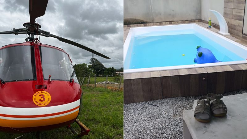 Imagem mostra helicóptero que resgatou criança afogada e piscina onde incidente ocorreu