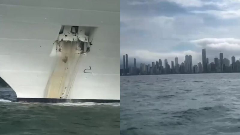 Imagem mostra frames do vídeo feito do navio dando descarga de água