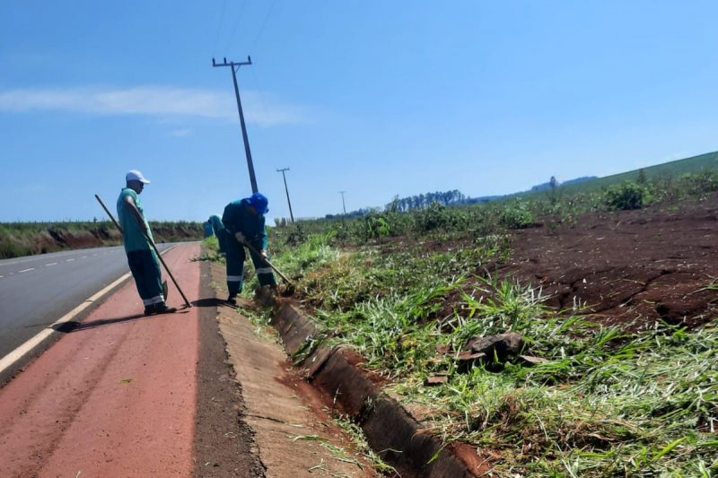 Os detentos estão trabalhando na roçada do Contorno Viário Oeste Vespasiano Zandavalli, em Chapecó, Oeste de Santa Catarina