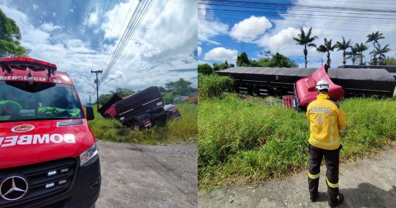 Caminhão sai da pista e vira em 'L' na BR-280 em Araquari