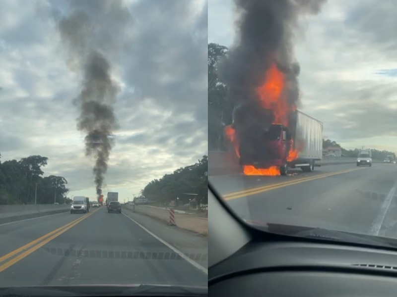 A imagem mostra o incêndio no caminhão na BR-470.