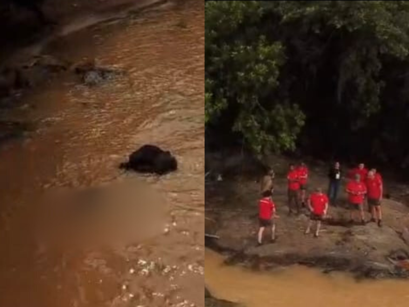 A imagem mostra o corpo encontrado no Rio Itajaí-Açu e os bombeiros.