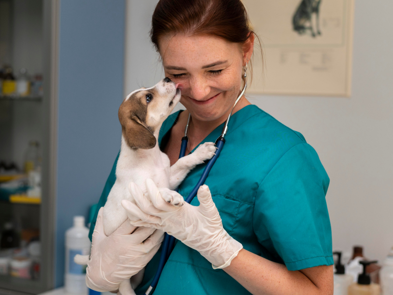 A imagem mostra uma veterinária com um filhote de cachorro