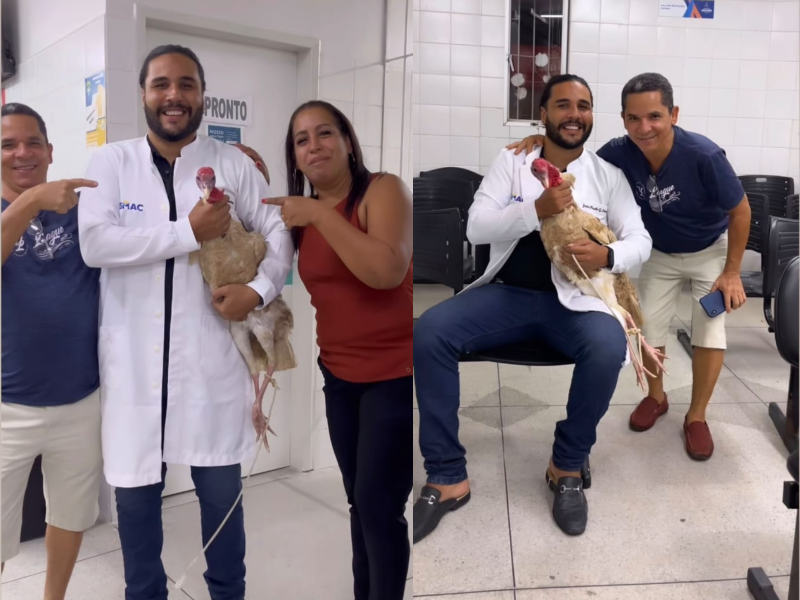 A imagem mostra o dentista com o peru e pacientes.