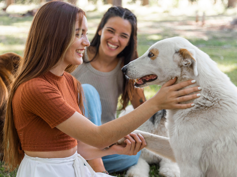 A imagem mostra duas jovens e um cachorro.