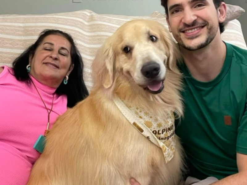 A imagem mostra o golden tirando foto com sua família.