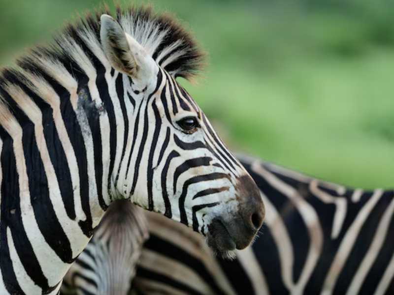 Imagem mostra uma zebra em primeiro plano, e outra ao fundo