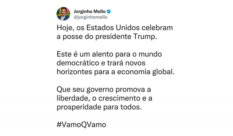 Jorginho fez postagem nas redes sociais celebrando o retorno de Trump ao poder