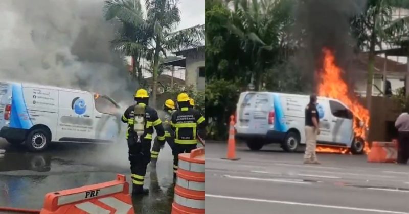 Van em chamas na BR-280 em Guaramirim