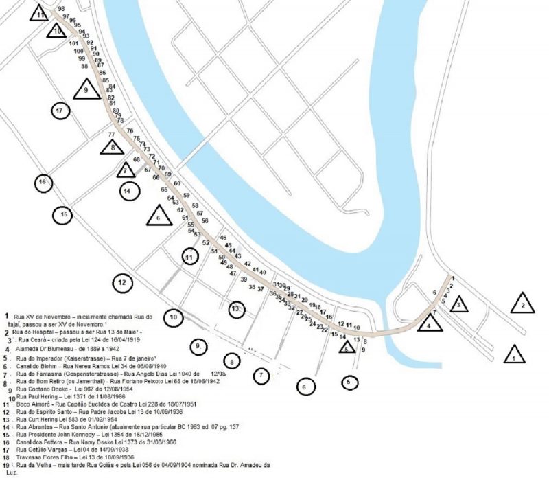 Mapa de 1930 a 1960 da rua mais famosa no Centro de Blumenau