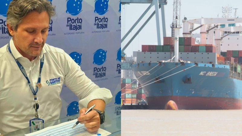 Foto dividida mostra novo superintendente do Porto de Itajaí e um navio atracado no terminal