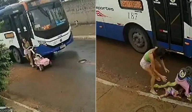 Imagens registraram o momento em que um ônibus quase esmaga mãe e filha no MT