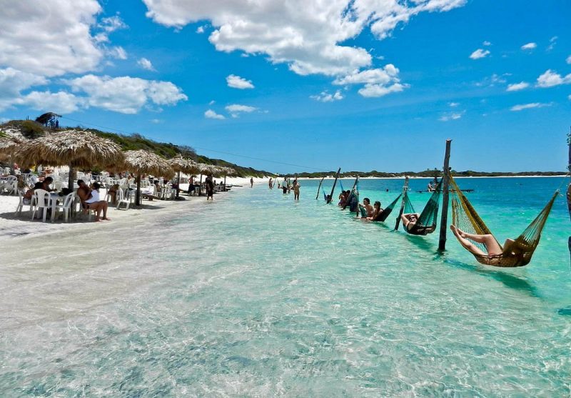 Imagem de uma praia com pessoas na rede dentro da água 