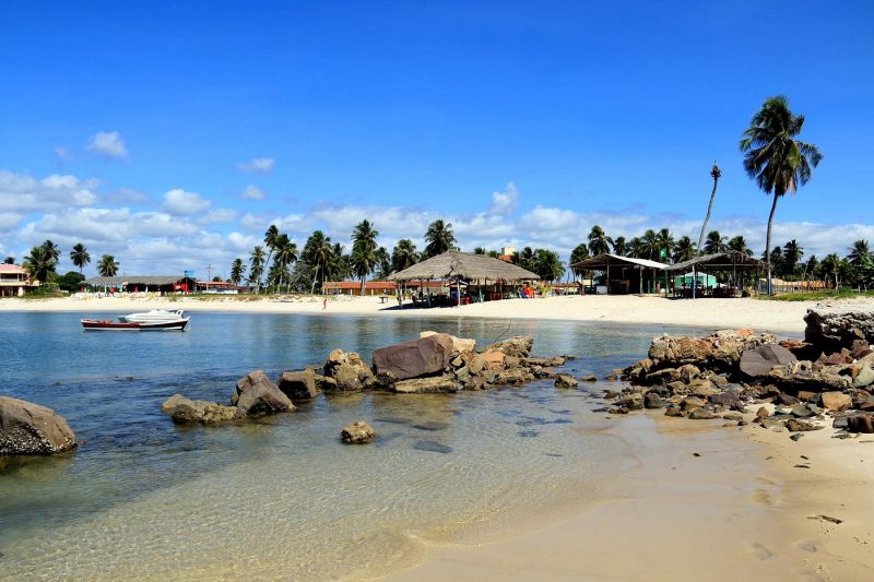 Praia tranquila com canoas na água e coqueiros na faixa de areia