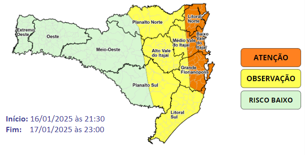 Defesa Civil destaca áreas de atenção e observação a chuvas em Santa Catarina nesta sexta-feira - Foto: Defesa Civil de SC/Reprodução