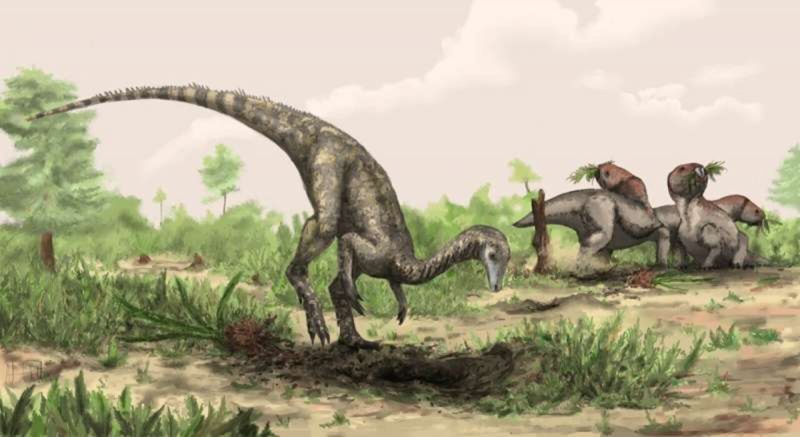 Ilustração mostrando os primeiros dinossauros